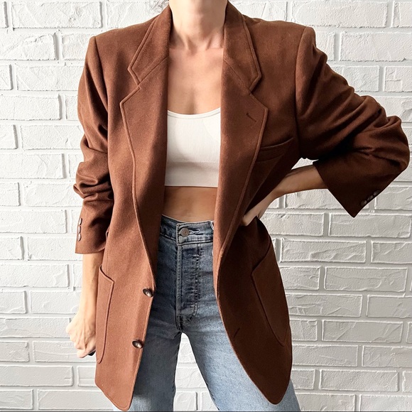 Vintage wool silk oversize warm brown blazer jacket coat - Picture 2 of 13